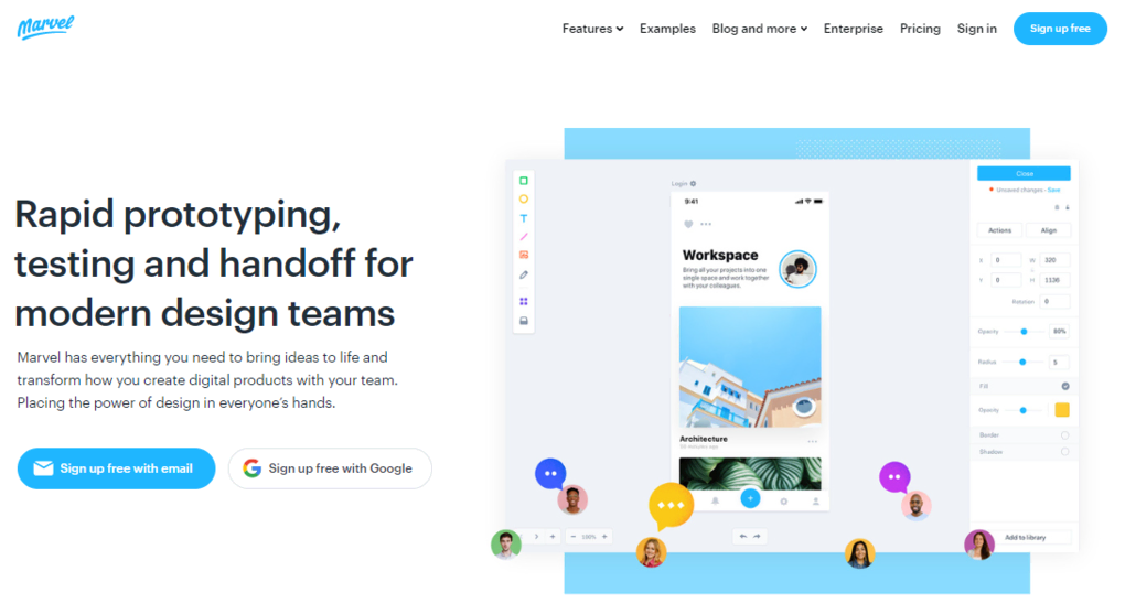 P&aacute;gina de inicio de la herramienta de dise&ntilde;o web Marvel