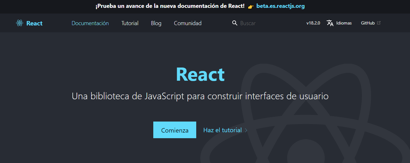 P&aacute;gina de inicio de la herramienta de programaci&oacute;n React