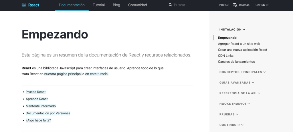 P&aacute;gina de React Empezando, con su documentaci&oacute;n y tutoriales relacionados