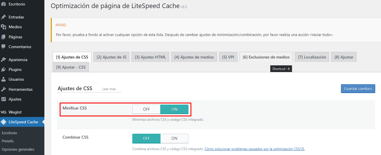 Sección Minificar CSS en LiteSpeed Cache