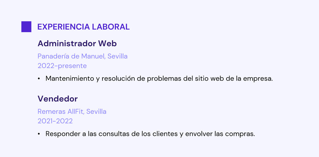 Ejemplo de secci&oacute;n de experiencia laboral