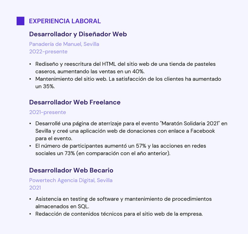 Ejemplo m&aacute;s detallado de experiencia laboral para un curr&iacute;culum de programador