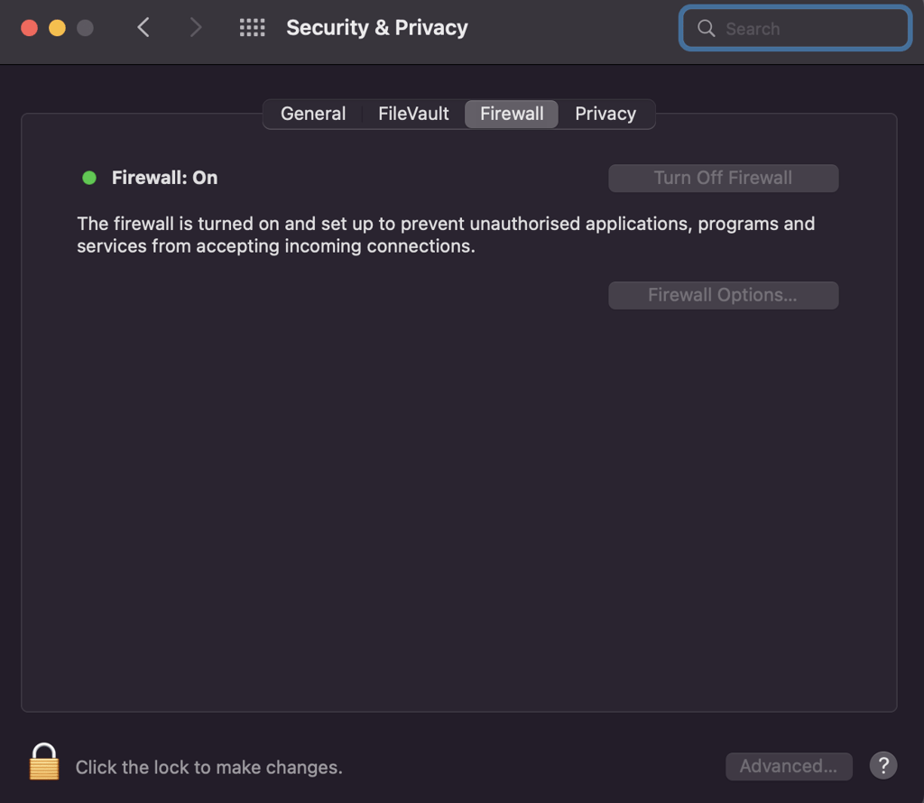 Visualización de la opción para desactivar el firewall en macOS