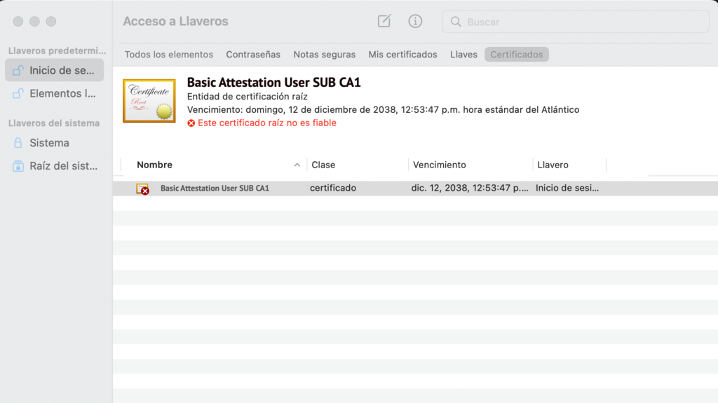 Secci&oacute;n de Acceso a llavero de macOS
