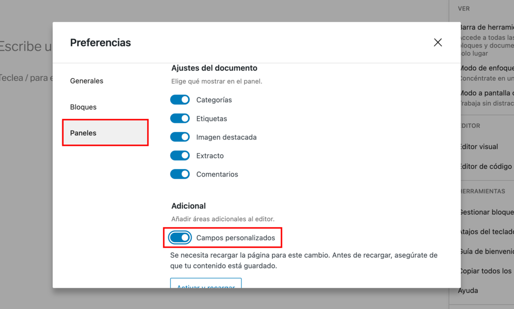 Men&uacute; de preferencias en el editor Gutenberg