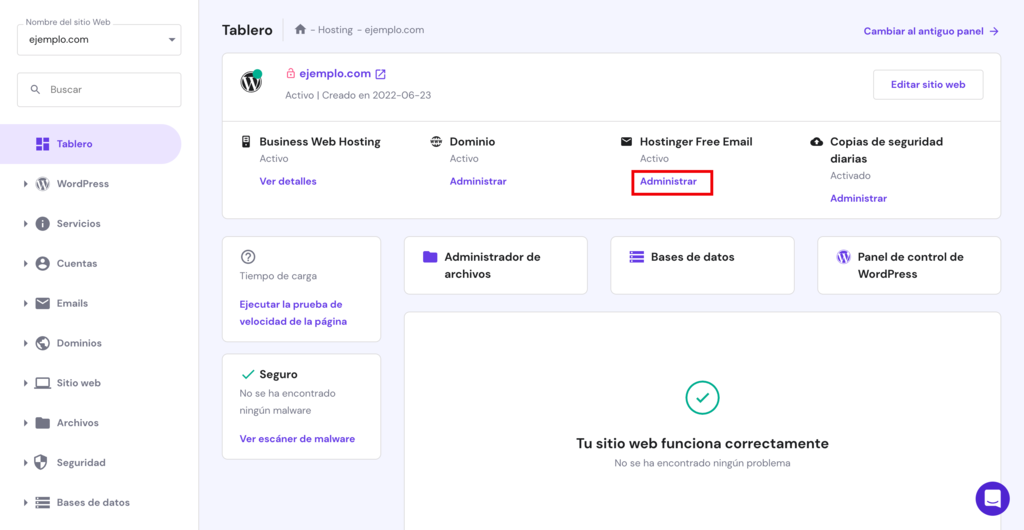 El bot&oacute;n Gestionar bajo el plan de correo electr&oacute;nico en hPanel