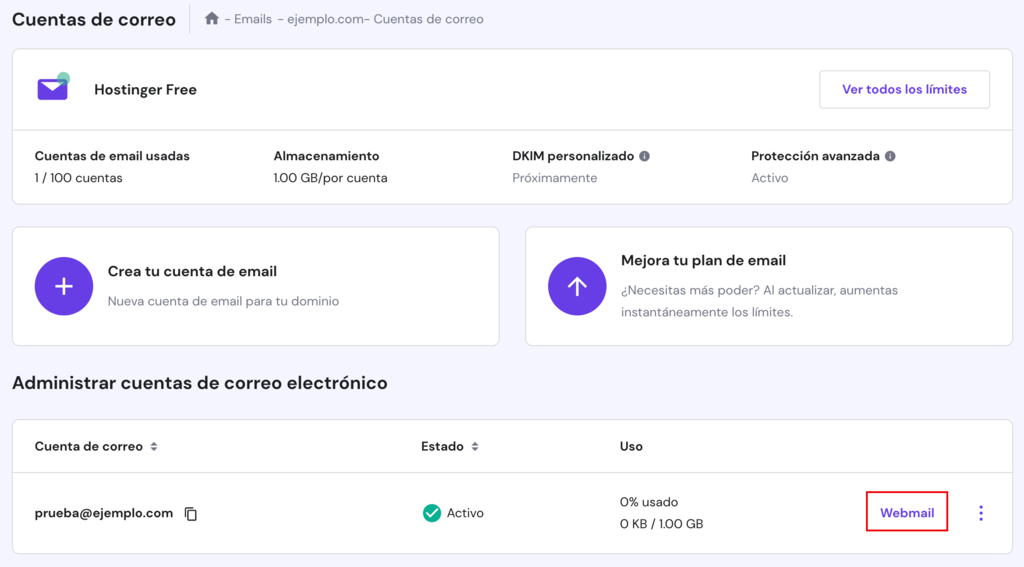 El bot&oacute;n Webmail junto a la cuenta de correo electr&oacute;nico en hPanel