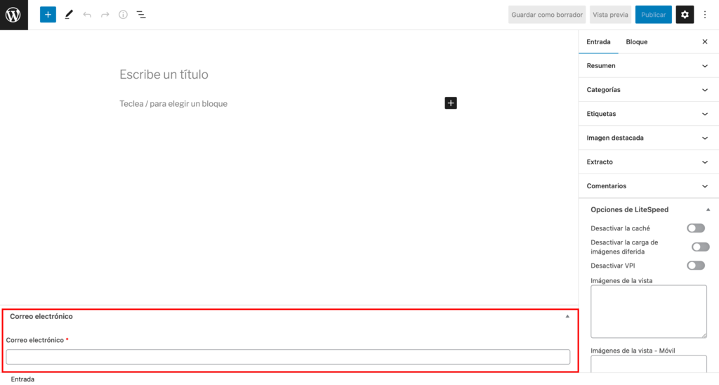 Secci&oacute;n de campos personalizados bajo el editor de texto