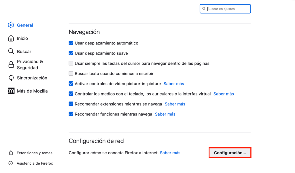 Configuraci&oacute;n de red en Firefox