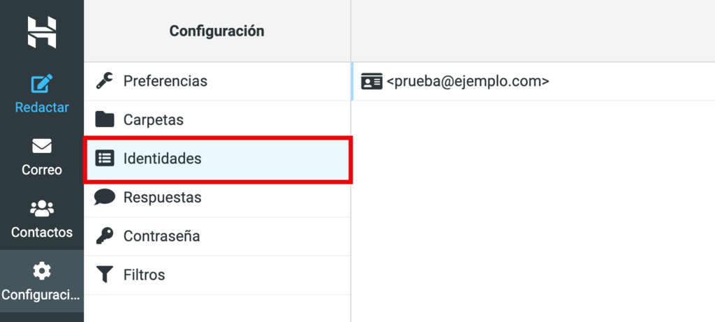 El men&uacute; Identidades en la Configuraci&oacute;n de Hostinger Webmail