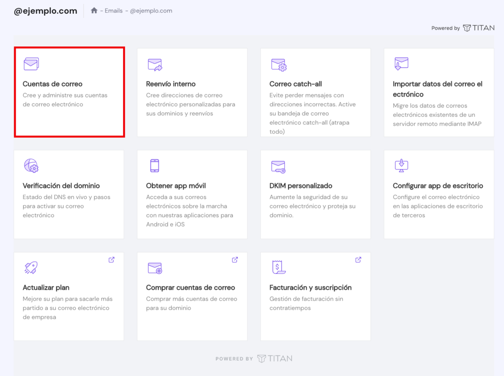 El bot&oacute;n Cuentas de correo electr&oacute;nico en hPanel