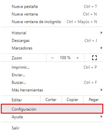 Menú desplegable de los 3 puntos en Google Chrome para buscar la opción de configuración