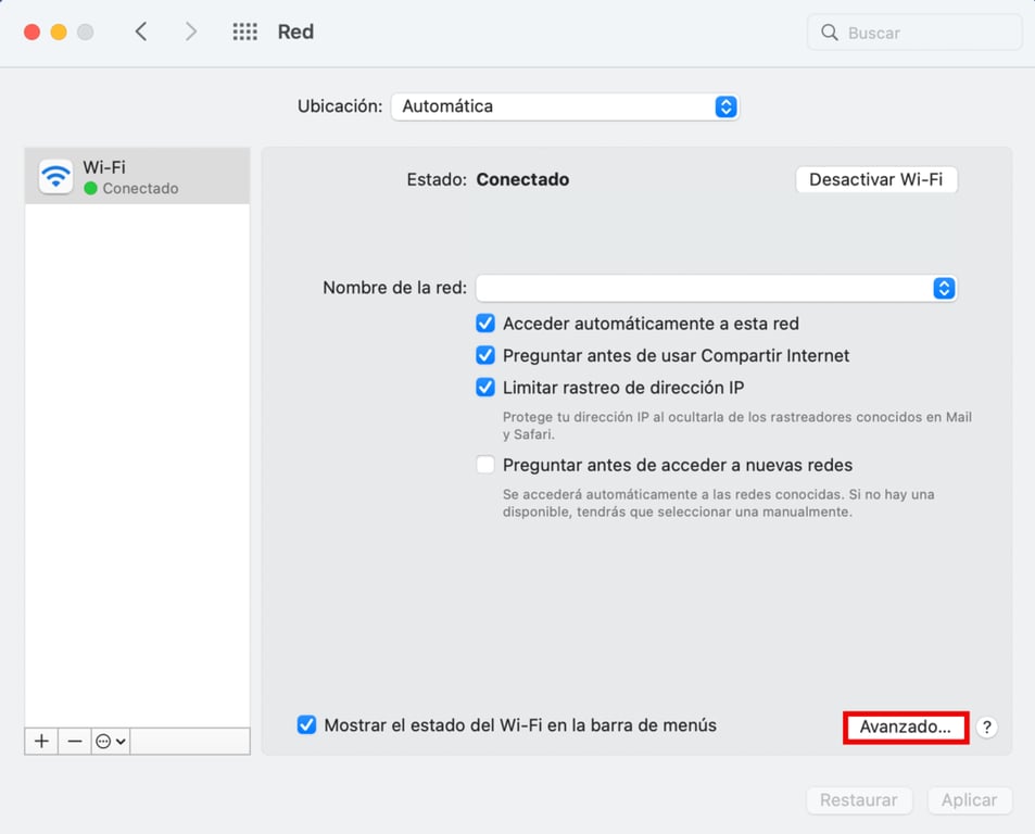 Configuraci&oacute;n avanzada de Wi-Fi en macOS