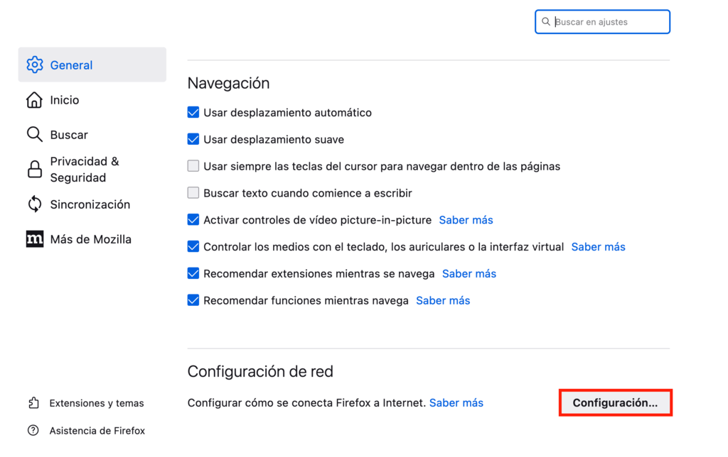 Configuraci&oacute;n de red en Firefox