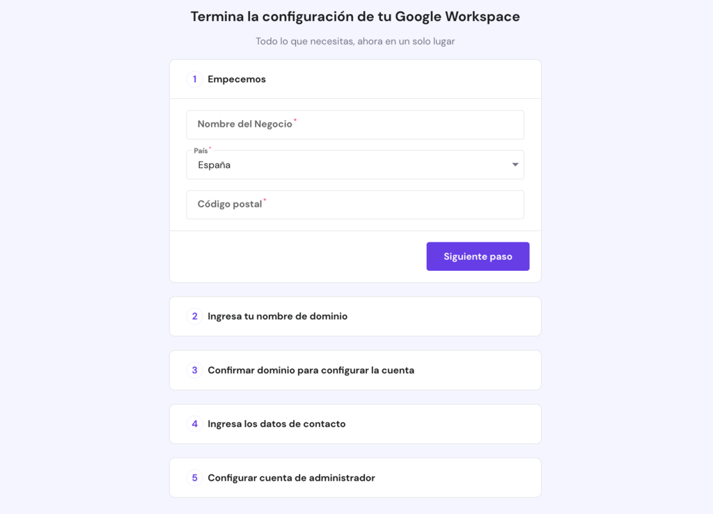 Pantalla de configuraci&oacute;n Rellena tu espacio de trabajo de Google en hPanel