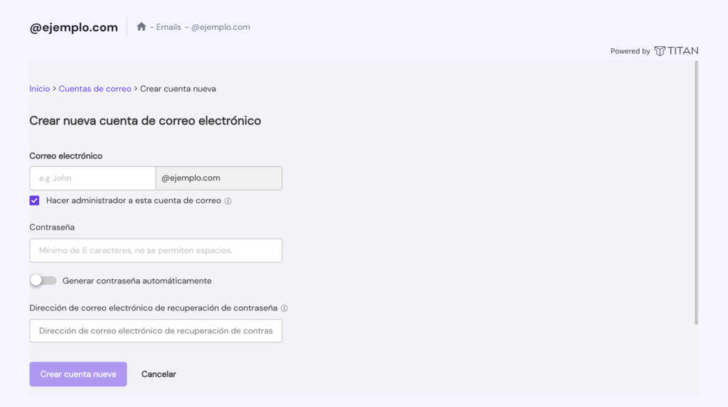 La secci&oacute;n Crear nueva cuenta de correo electr&oacute;nico en hPanel