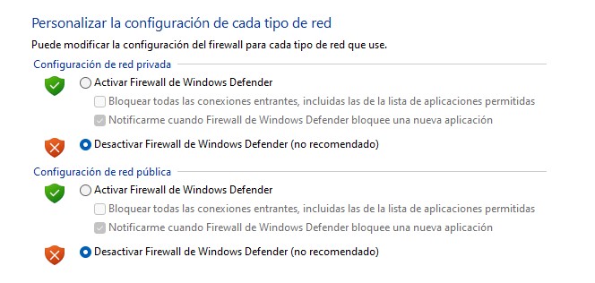 Opci&oacute;n para desactivar el Firewall de Windows Defender