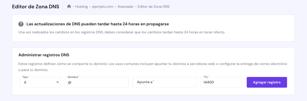 La secci&oacute;n Gestionar registros DNS del Editor de zonas DNS de hPanel con el registro TXT que contiene el c&oacute;digo de verificaci&oacute;n de Google