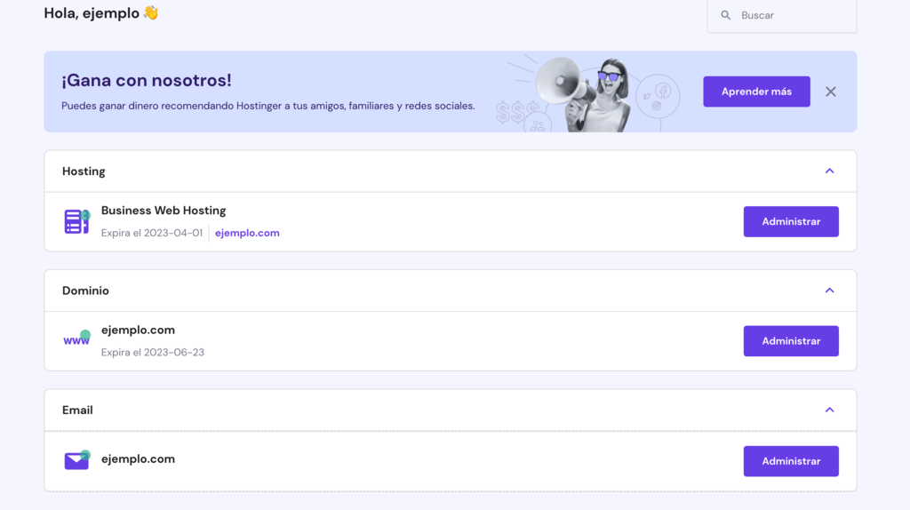El bot&oacute;n Administrar junto a tu cuenta de correo electr&oacute;nico en hPanel