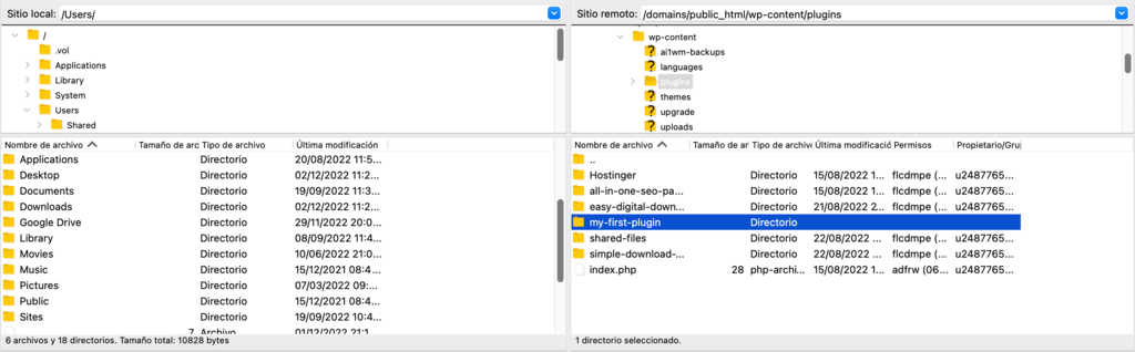 Una captura de pantalla del cliente FTP mostrando d&oacute;nde crear la carpeta my-first-plugin