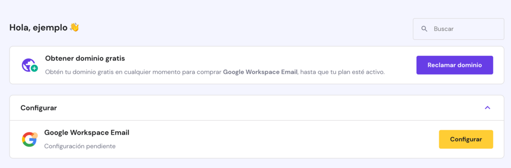 El bot&oacute;n Configuraci&oacute;n junto a Google Workspace Email en hPanel
