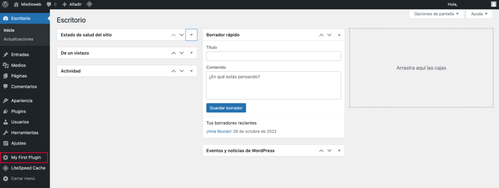 Una captura de pantalla del panel de control de WordPress que muestra tu plugin en la parte inferior del men&uacute; de navegaci&oacute;n