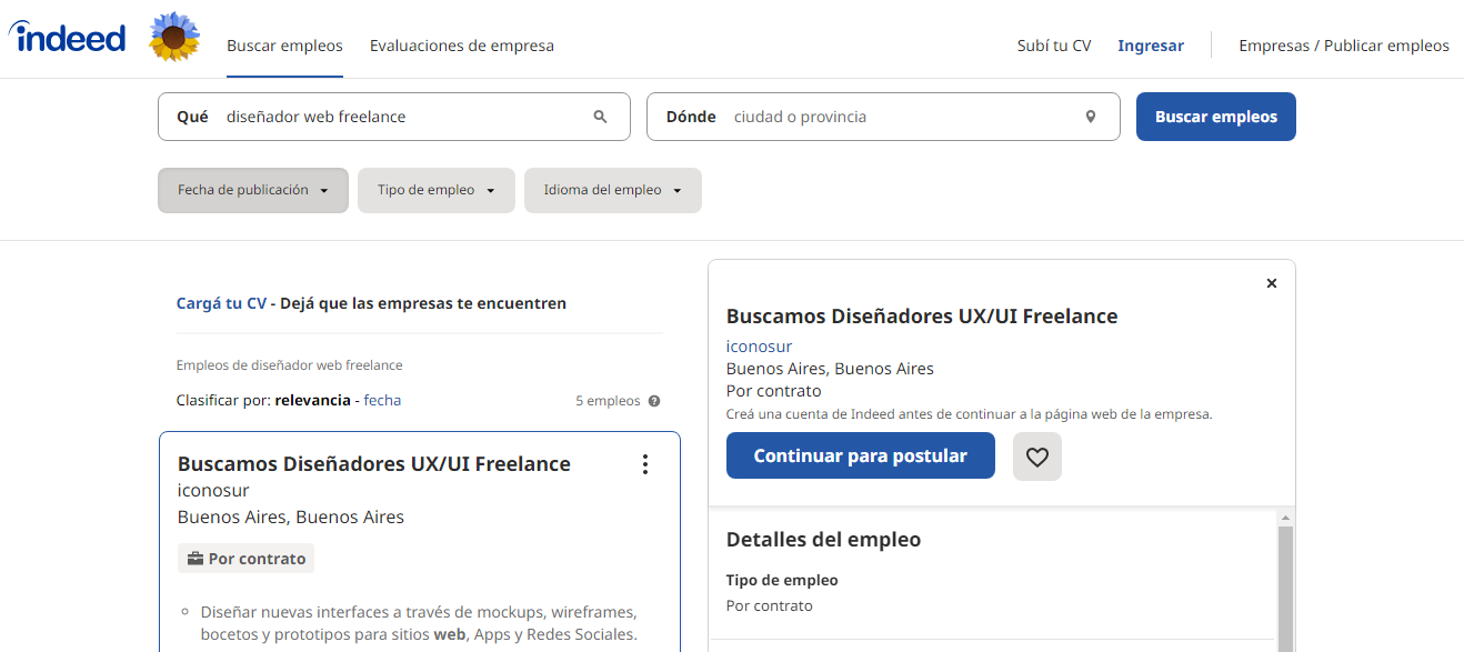 P&aacute;gina de resultados de Indeed