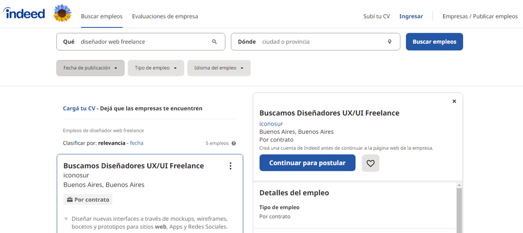 Página de resultados de Indeed