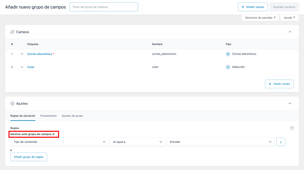 Agregar regla al grupo de campos personalizados