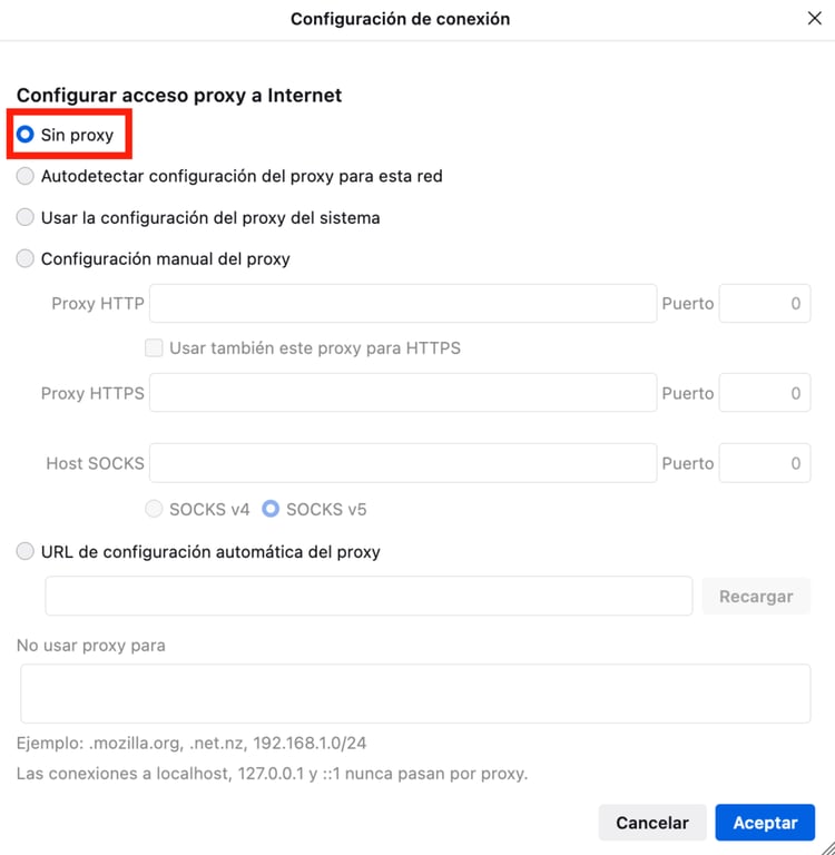 Configuraci&oacute;n del proxy en Firefox