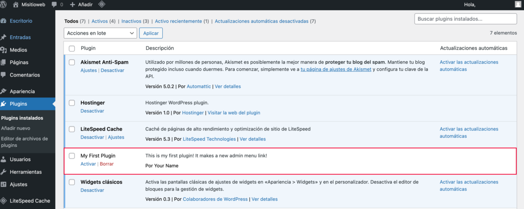 Una captura de pantalla del dahboard de WordPress que muestra d&oacute;nde encontrar tu plugin