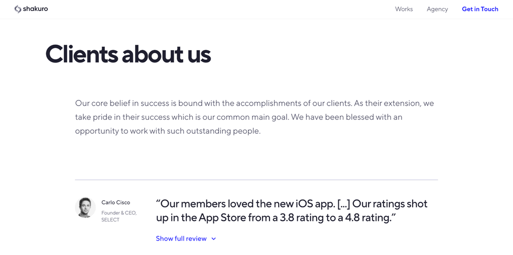 P&aacute;gina de testimonios de Shakuro