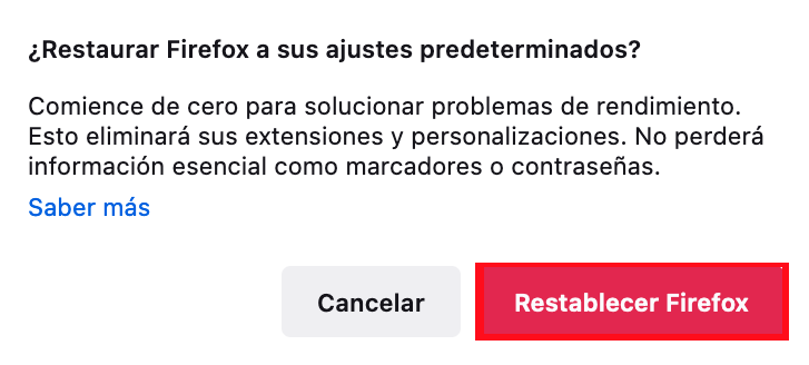 Aviso de confirmaci&oacute;n para restablecer Firefox.