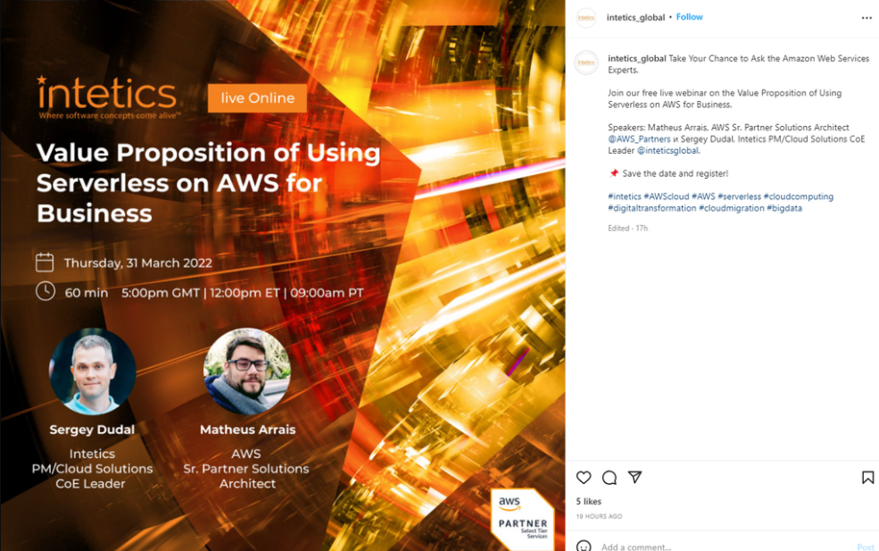 Publicaci&oacute;n en Instagram sobre la conferencia web de Intetics
