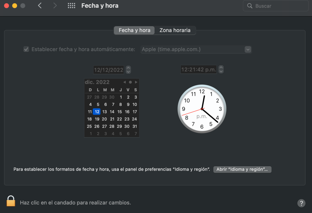 Ajustes de hora en un macOS