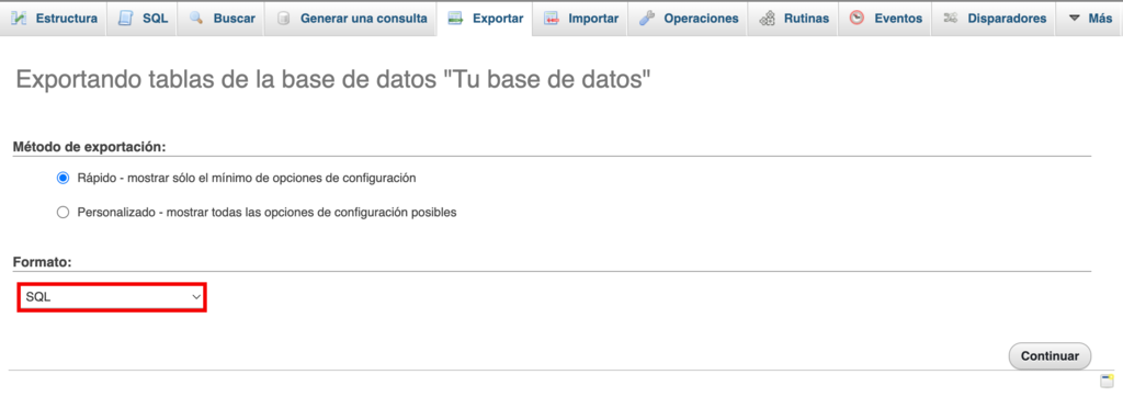 Opci&oacute;n Exportar en phpMyAdmin
