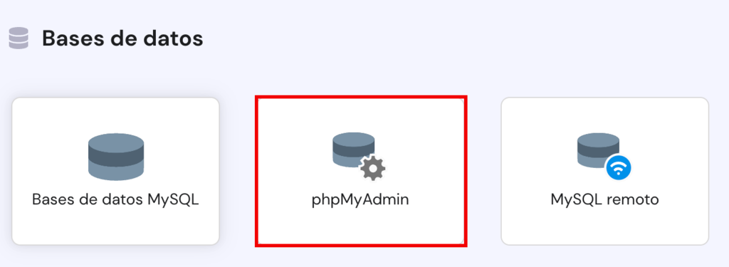 Opci&oacute;n phpMyAdmin en hPanel