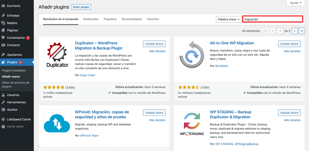 Secci&oacute;n de a&ntilde;adir plugins en WordPress