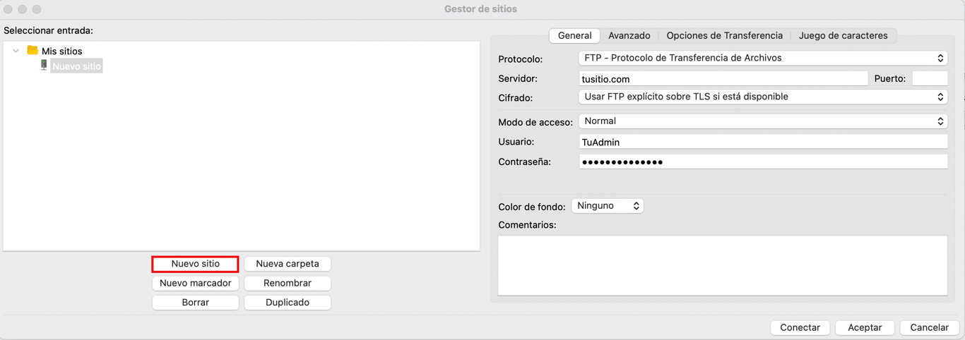 Panel de gesti&oacute;n de sitios en FileZilla