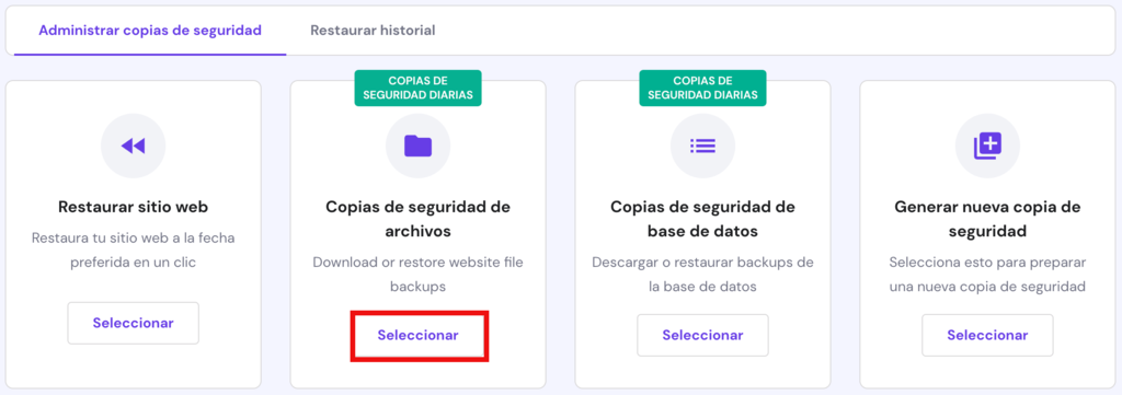 Secci&oacute;n de Administrar copias de seguridad en hPanel