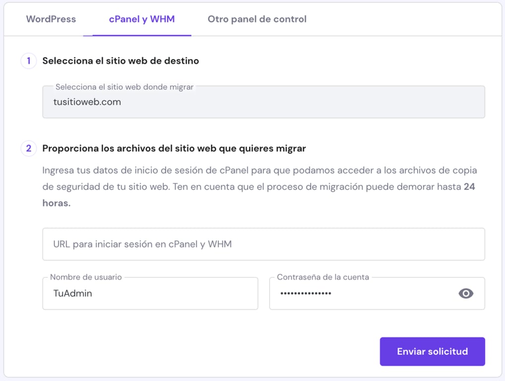 Opciones de migraci&oacute;n web en hPanel