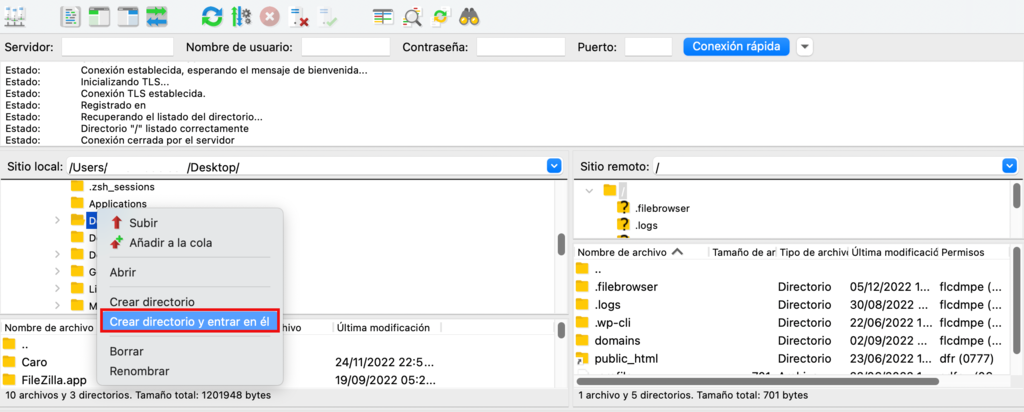 Opci&oacute;n de crear directorio en FileZilla