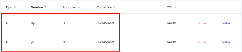 Editor de zona DNS en Hpanel