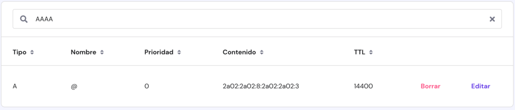 Editor de Zona DNS mostrando AAAA