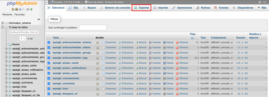 Interfaz de phpMyAdmin