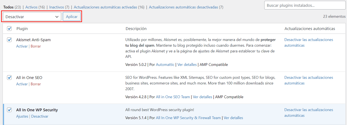 Visualización de la opción para desactivar varios plugins en lote