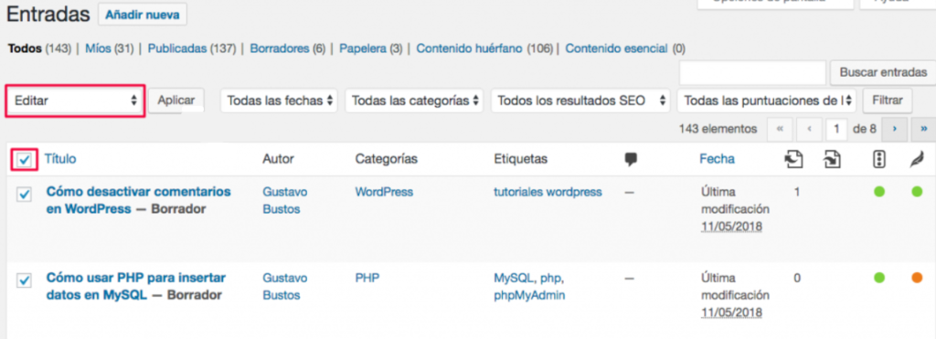 Secci&oacute;n de Entradas de WordPress