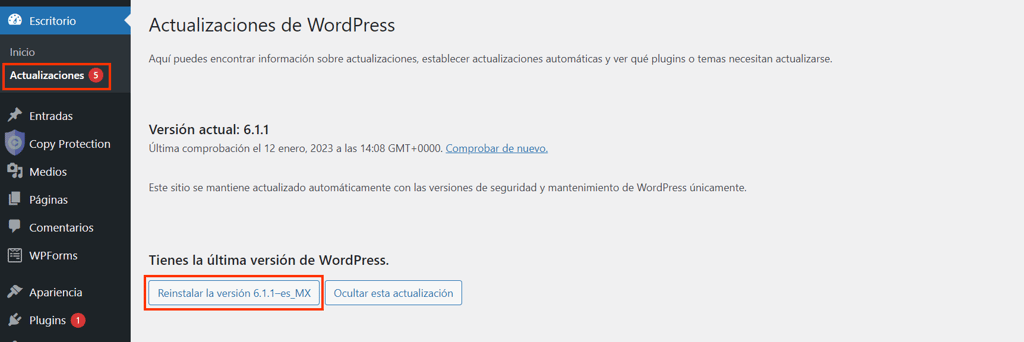 Instrucciones de reinstalación de WordPress