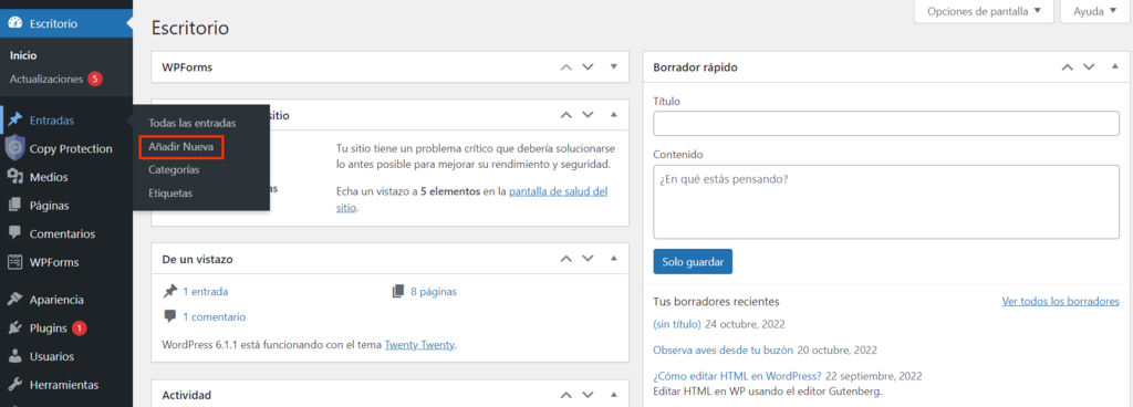 Visualizaci&oacute;n del men&uacute; de WordPress para a&ntilde;adir una nueva entrada
