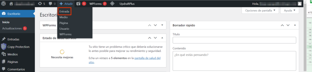 Visualizaci&oacute;n del men&uacute; de la barra superior de WordPress para a&ntilde;adir una nueva entrada